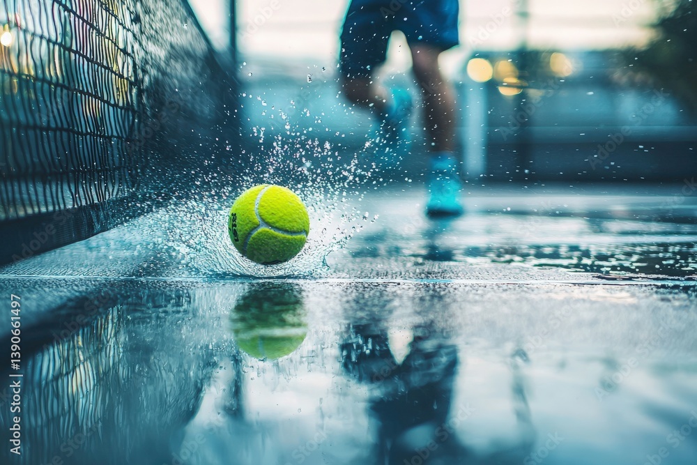 A vibrant yellow tennis ball hits the wet surface of a court, creating a splash as a player runs nearby. The setting sun casts a warm glow, enhancing the atmosphere of the practice session.