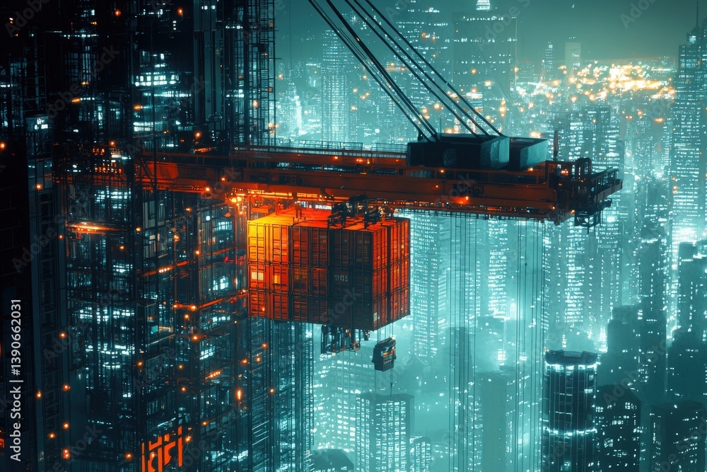 A construction crane is transporting a container high above a city brimming with skyscrapers, their windows glowing brightly against the night sky, creating a vibrant urban backdrop.