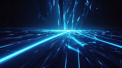 Abstract digital landscape with blue wavy lines converging towards the horizon under a dark