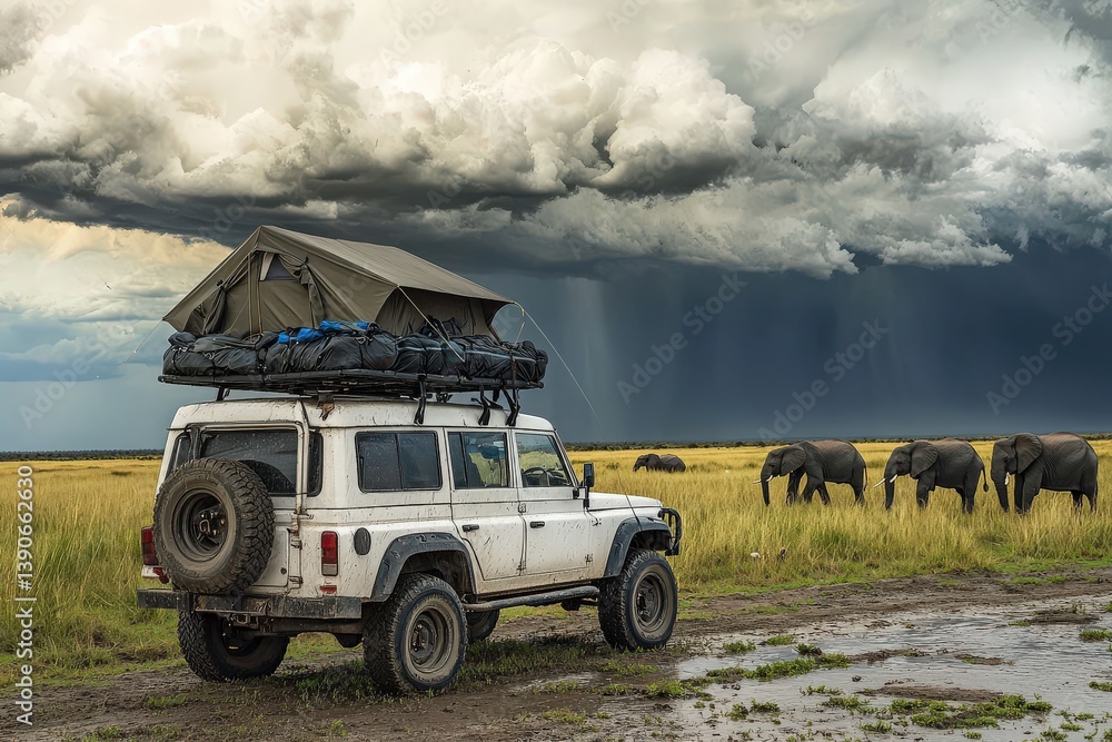 A rugged vehicle is parked on a grassy stretch as elephants roam nearby. Dark storm clouds gather, hinting at an impending downpour, capturing the wilderness experience.