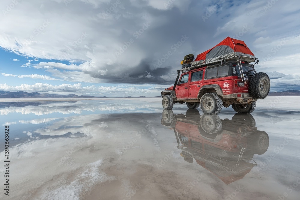 A rugged four-wheel drive vehicle with a rooftop tent stands on the expansive salt flats, reflecting the clouds above. The vast landscape showcases beautiful blues and whites during a cloudy day.