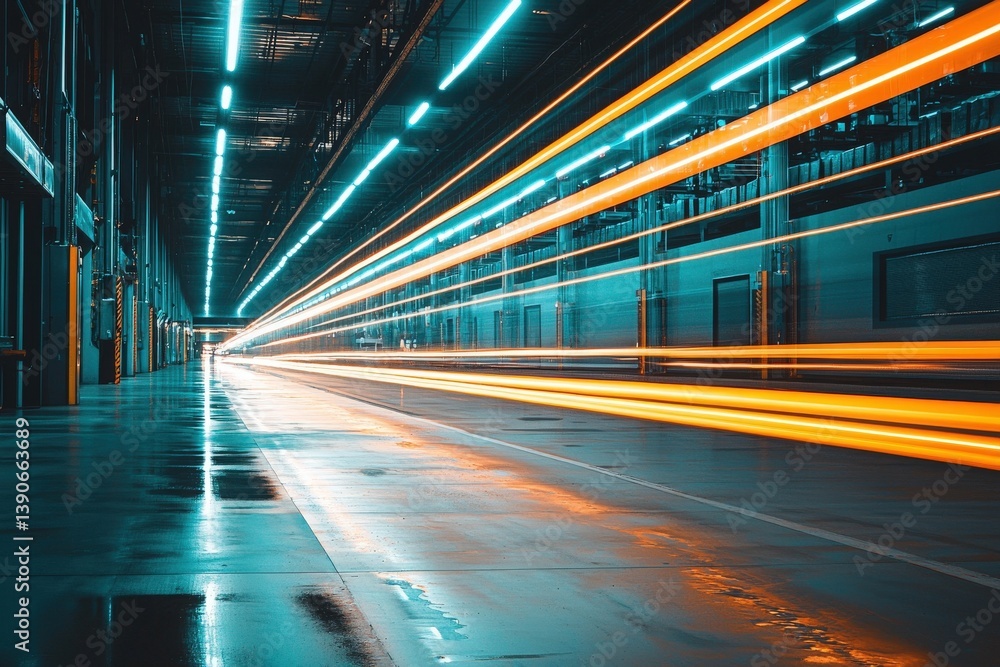 Bright light trails streak through a wet industrial hallway, showcasing a vibrant scene with reflections on the polished floor. The atmosphere is energetic and alive with motion.