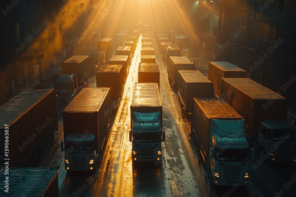 Numerous trucks are arranged in a freight yard, basking in the warmth of the sunrise. The golden light reflects off the wet ground, enhancing the busy environment of cargo transportation.