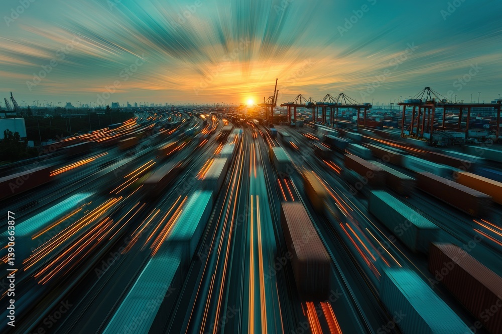 Cargo trucks and containers line the docks as the sun sets over the port. Blurry movement captures the busy activity, showcasing a vibrant and bustling shipping industry during golden hour.