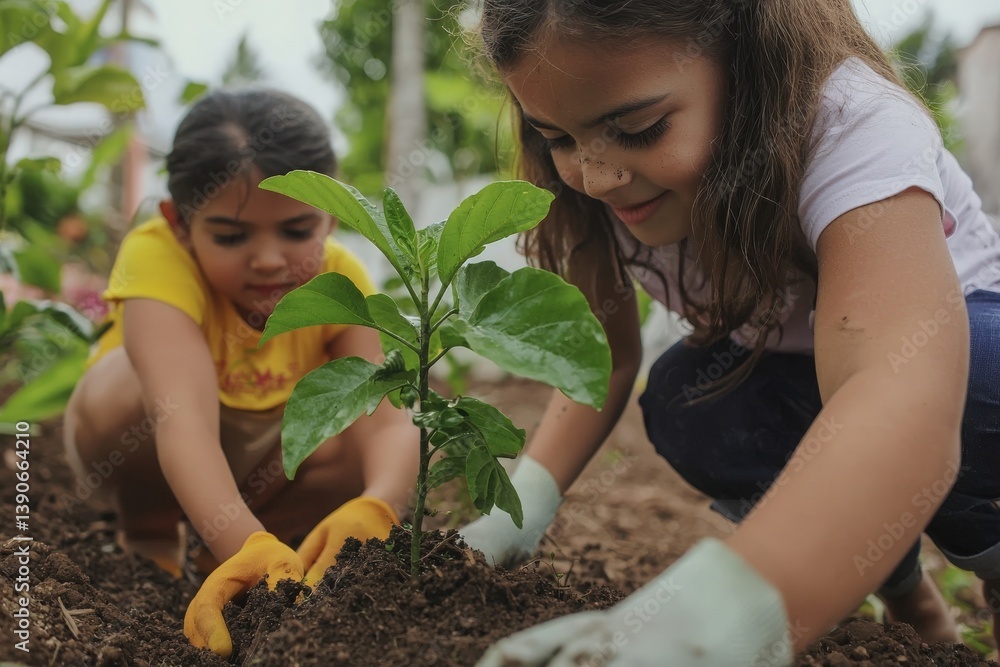 Two girls actively participate in gardening, carefully planting a young pepper plant in moist soil. They wear gloves and show enthusiasm for nurturing the plant, surrounded by green leaves.