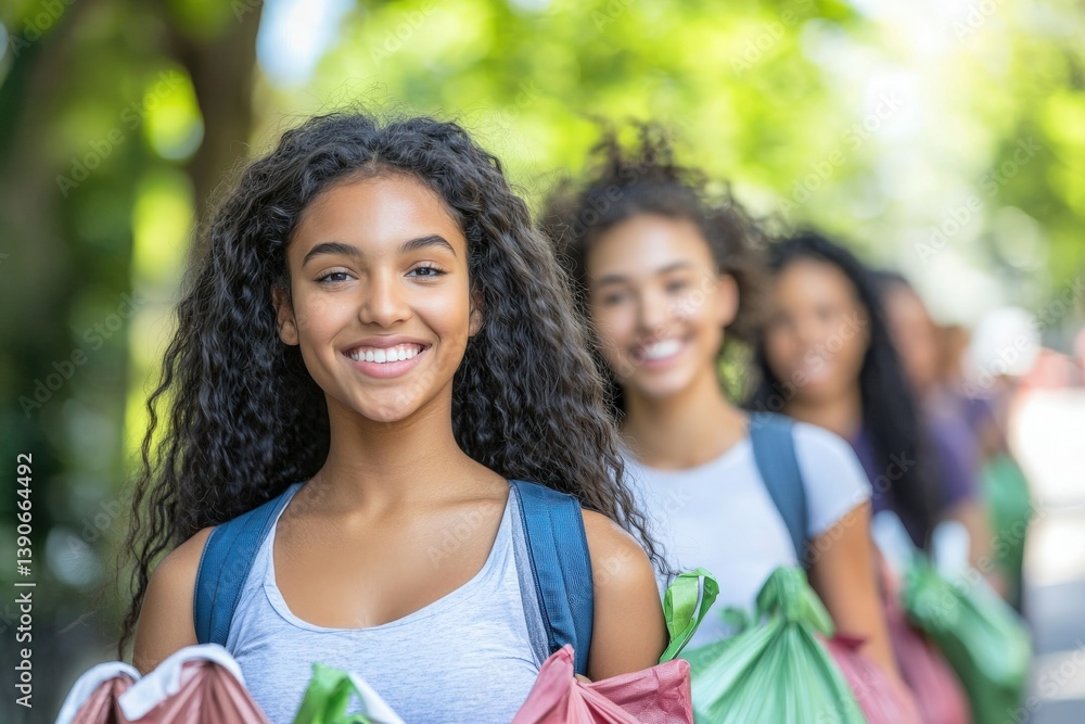 A joyful group of young women walks together in a park, each carrying colorful bags. They share smiles and laughter, embodying friendship and a vibrant outdoor experience on a sunny day.