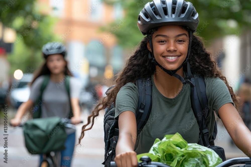 Two cyclists ride through a lively urban area on a bright day. One girl smiles while holding fresh greens in a basket, showcasing the joy of delivering groceries.