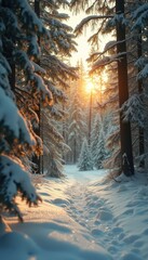 Fototapete - Winter forest path at sunrise with snow-covered trees