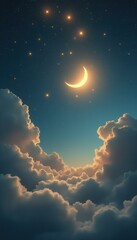 Poster - Ethereal celestial scenery: Crescent moon bathed in glowing light above soft cumulus clouds, twinkling stars shining in the dark b