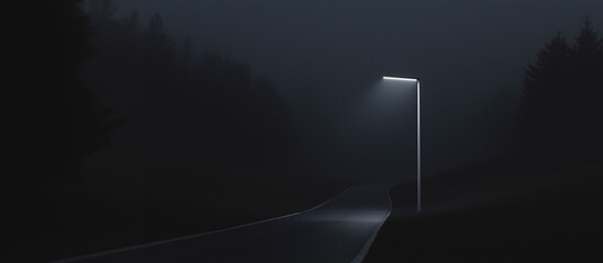 Wall Mural - eerie road in fog: a solitary streetlamp casts a pale light onto a winding road, disappearing into a