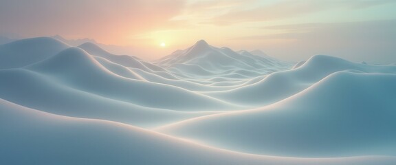 Poster - Soft waves and gentle mountain ridges under a sunrise in a dreamlike abstract landscape, creating a sense of peace and tranquility