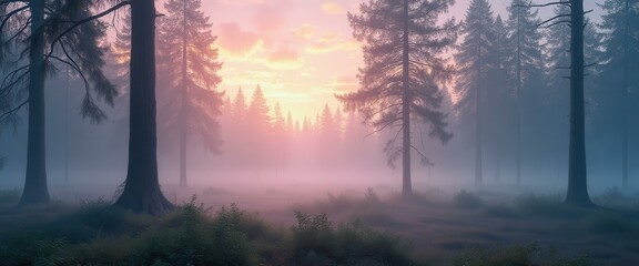Poster - Misty forest landscape with soft pink light filtering through the trees creating an ethereal ambiance