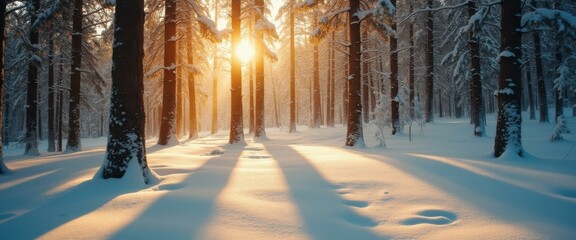 Fototapete - Golden Sunlight Shines Through a Winter Forest, Casting Long Shadows on Fresh Snow