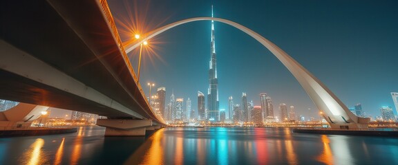 Poster - Futuristic bridge spans serene waters reflecting an impressive high-rise skyline at night, illuminated by colorful lights