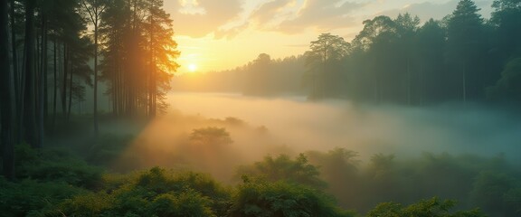 Aufkleber - Mystical Forest at Sunrise: Golden Light Piercing Through Morning Mist