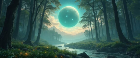 Poster - Mystical Forest Landscape with Glowing Orb Above River: Tranquil Nature Scene with Dreamlike Fantasy Elements