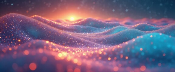 Poster - Ethereal Landscape with Glowing Waves and Sparkling Light: A Dreamy, Textured Abstract Design for Backgrounds and Creative Projects