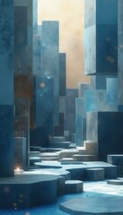 Aufkleber - Abstract geometric cityscape with blue cubes, intricate walkways, soft lighting, and textured surfaces creating a surreal urban atmosphere