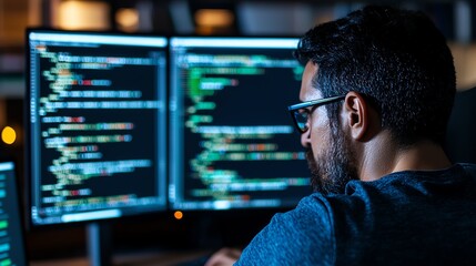 A focused individual wearing glasses, programming on dual monitors filled with code, representing the modern tech workspace and the evolving landscape of software development.