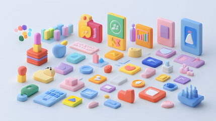 A colorful array of 3D-shaped digital icons in various pastel shades, perfect for modern design and technology themes.