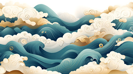Wall Mural - A vibrant illustration of swirling ocean waves and fluffy clouds, showcasing dynamic blues and soft cream tones.