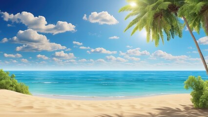 a serene beach scene under a bright, clear blue sky.