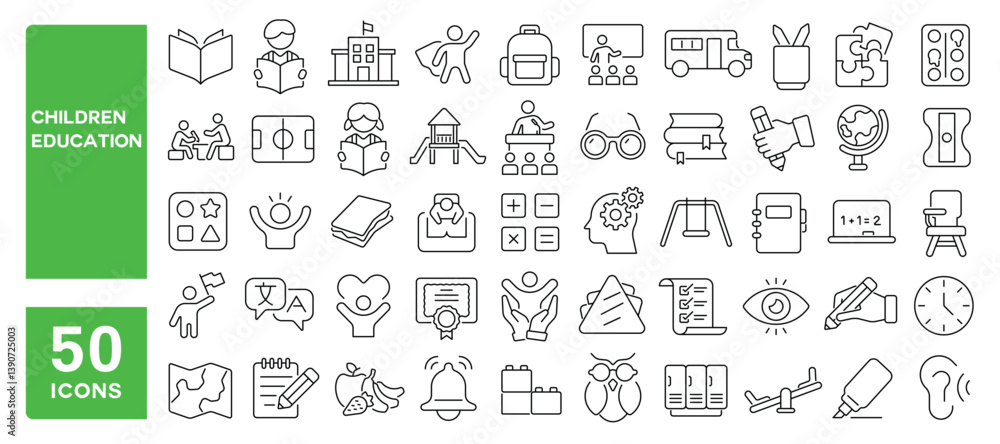 Grade R Kid Icon Set of 50 line icons related to children education, child development ...