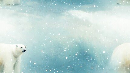 Wall Mural -   A stunning painting portrays two majestic polar bears standing amidst snowfall while a clear blue sky serves as the serene backdrop
