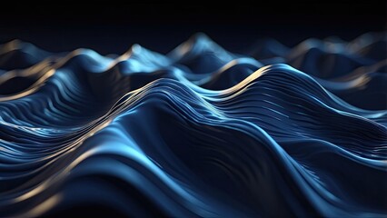 Abstract digital landscape with blue wavy lines converging towards the horizon under a dark
