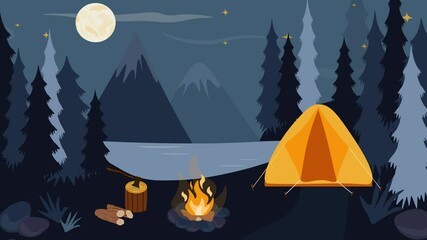 Summer camp animation, camping loop cartoon, tent with campfire at night