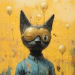 © Bebek - Winking cat portrait, surreal yellow landscape, artistic painting, whimsical style