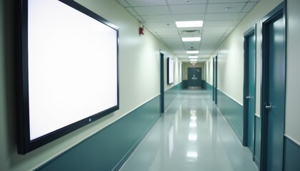 Fototapete - Modern hallway with blank display screens and blue doors  