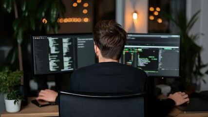 Rear view of a man doing programming while sitting at a desk with two monitors.