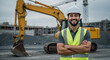 © Yury - Confident construction equipment operator smiling in front of yellow excavator, conveying positivity and professionalism, at a blurred construction site with cool tones