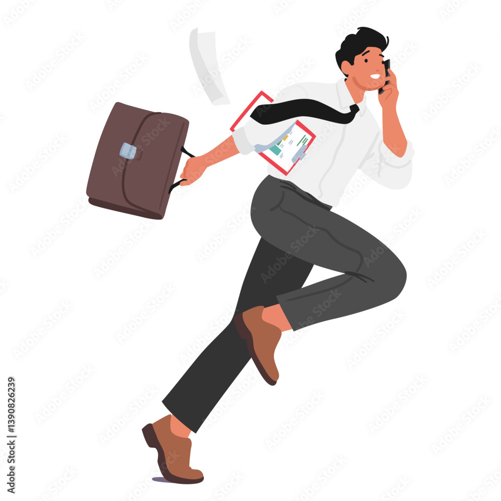Businessman cartoon character running fast rushing to work having phone ...