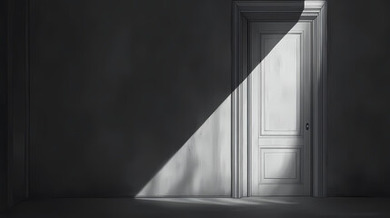 Wall Mural - white door slightly ajar illuminated by soft light on the right side, standing against a gray backgr