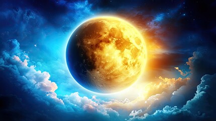 Wall Mural - Celestial event lunar eclipse over dramatic clouds fantasy landscape daytime view cosmic phenomenon