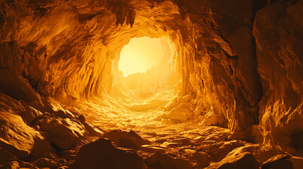 Wall Mural - glowing cave entrance with intricate rock formations, a faint light illuminating its depths, hinting
