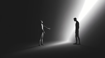 Wall Mural - human shadow becoming light as it touches another person, abstract, monochromatic with light accents