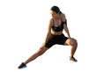 © Mountains Hunter - A young slim athletic girl in sportswear with snakeskin prints performs a set of exercises. Fitness and healthy lifestyle.