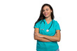 © PeopleVideos - Young female doctor wearing a stethoscope and smiling with crossed arms