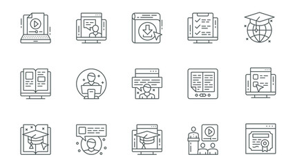 Poster - Learning icons set in outline stroke design for web. Pack line pictograms with online lesson, video at laptop, test, schedule, graduation, ebook, teacher, school chat and other. Vector illustration.