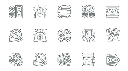 Poster - Money icons set in outline stroke design for web. Pack line pictograms with cash, finance, donate, credit card, savings, wealth, atm paying, currency exchange, banking, other. Vector illustration.
