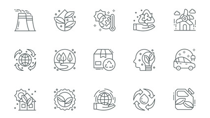 Poster - Renewable energy icons set in outline stroke design for web. Pack line pictograms with industry, green plant, global warm, recycling, wind turbine, forest,cardboard reuse, other. Vector illustration.