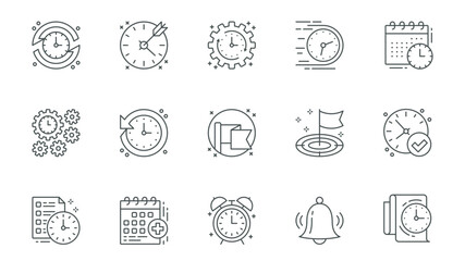 Poster - Scheduling icons set in outline stroke design for web. Pack line pictograms with time management, target, fast process, deadline, calendar, planning schedule, countdown, other. Vector illustration.
