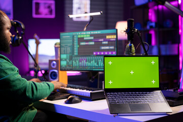 Leinwandbilder - Composer mixing and mastering tracks on professional software, isolated mockup screen. Technician adding sound effects and adjusting volume levels with console, producing new music.