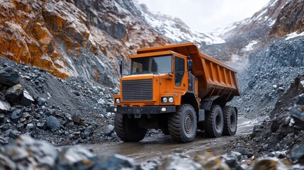 Aufkleber - A heavy duty truck drives along a rugged road in a mineral extraction area, with bright orange rock formations and snow capped mountains in the background during overcast weather.
