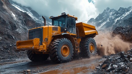 Poster - A powerful mining truck is actively transporting excavated materials through a rugged area, surrounded by steep mountains and dust clouds rising around it.