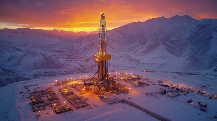 Poster - A drilling rig stands tall against a colorful sunrise, surrounded by snow covered mountains, showcasing extraction and metallurgy operations at a remote petroleum site.