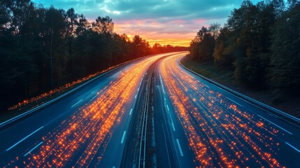 Aufkleber - A modern roadway illuminated by flowing vehicle lights during dusk, exemplifying logistics, automation, and V2X connectivity. The serene landscape enhances the scene of mobility.